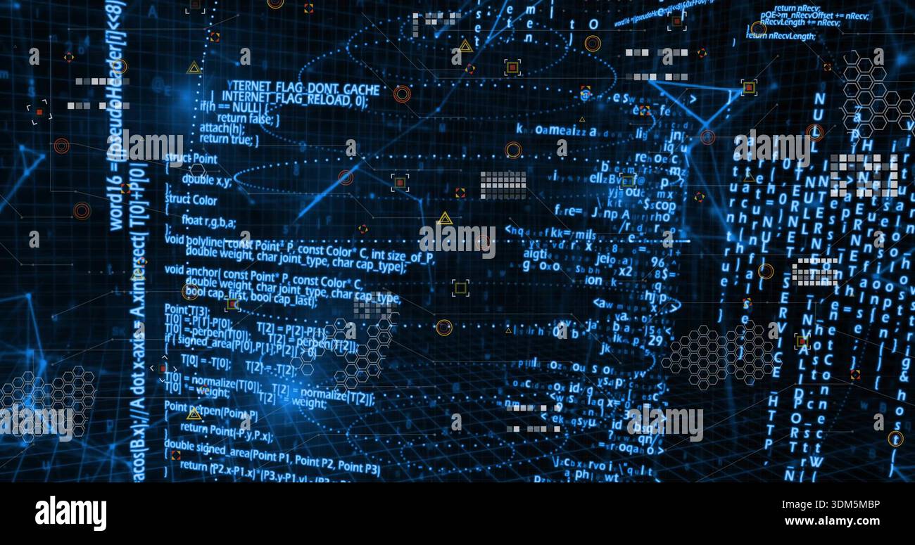 Streaming central cluster cascading code and neon network lines in virtual net, with hex grid Stock Photo