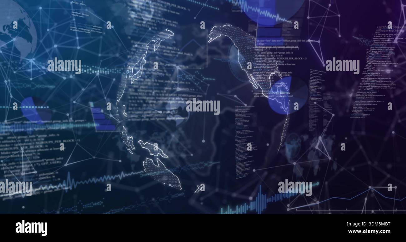 Displaying stylized dotted globe and map contours floating in virtual data space, showing code Stock Photo
