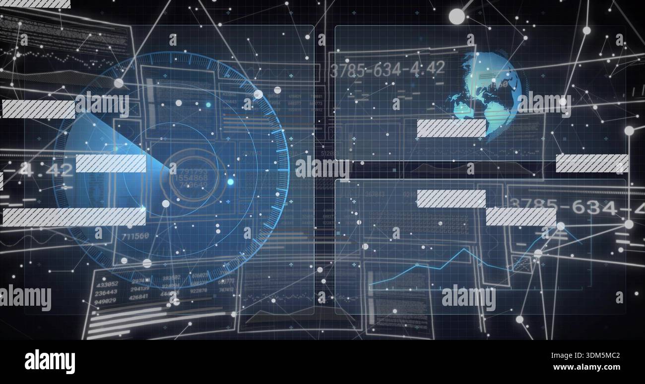 Displaying composite HUD interface over gridded plane, showing radar, globe, panels, network Stock Photo