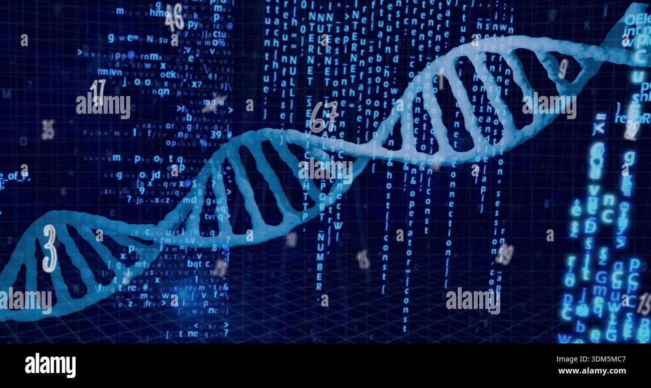 Running cyan-blue DNA helix angling across virtual lab, showing numeric markers and code columns Stock Photo