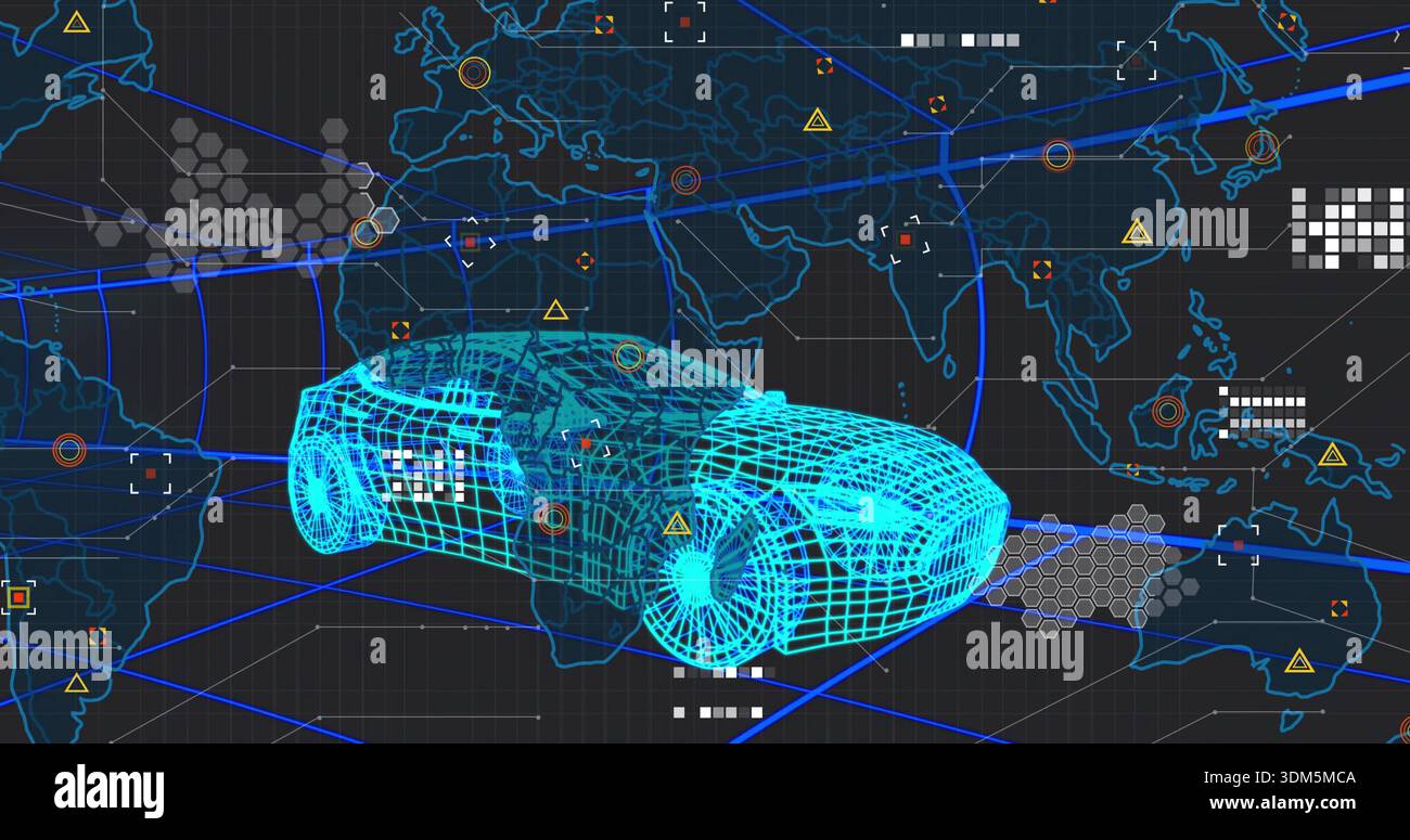 Displaying cyan 3D wireframe car model rotating in control hub, with world map, network nodes Stock Photo