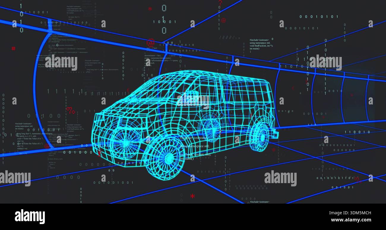 Displaying cyan wireframe cargo van model rotating on virtual grid floor, with binary code overlays Stock Photo
