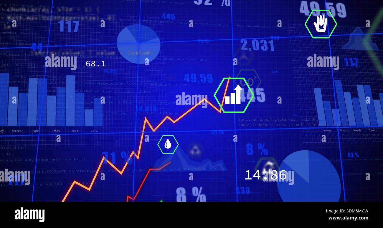 Displaying central rising orange line graph marking hexagon icon on ...
