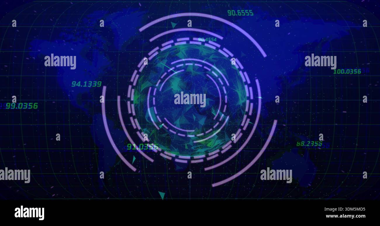 Displaying central hologram globe rotating over world map, showing ...
