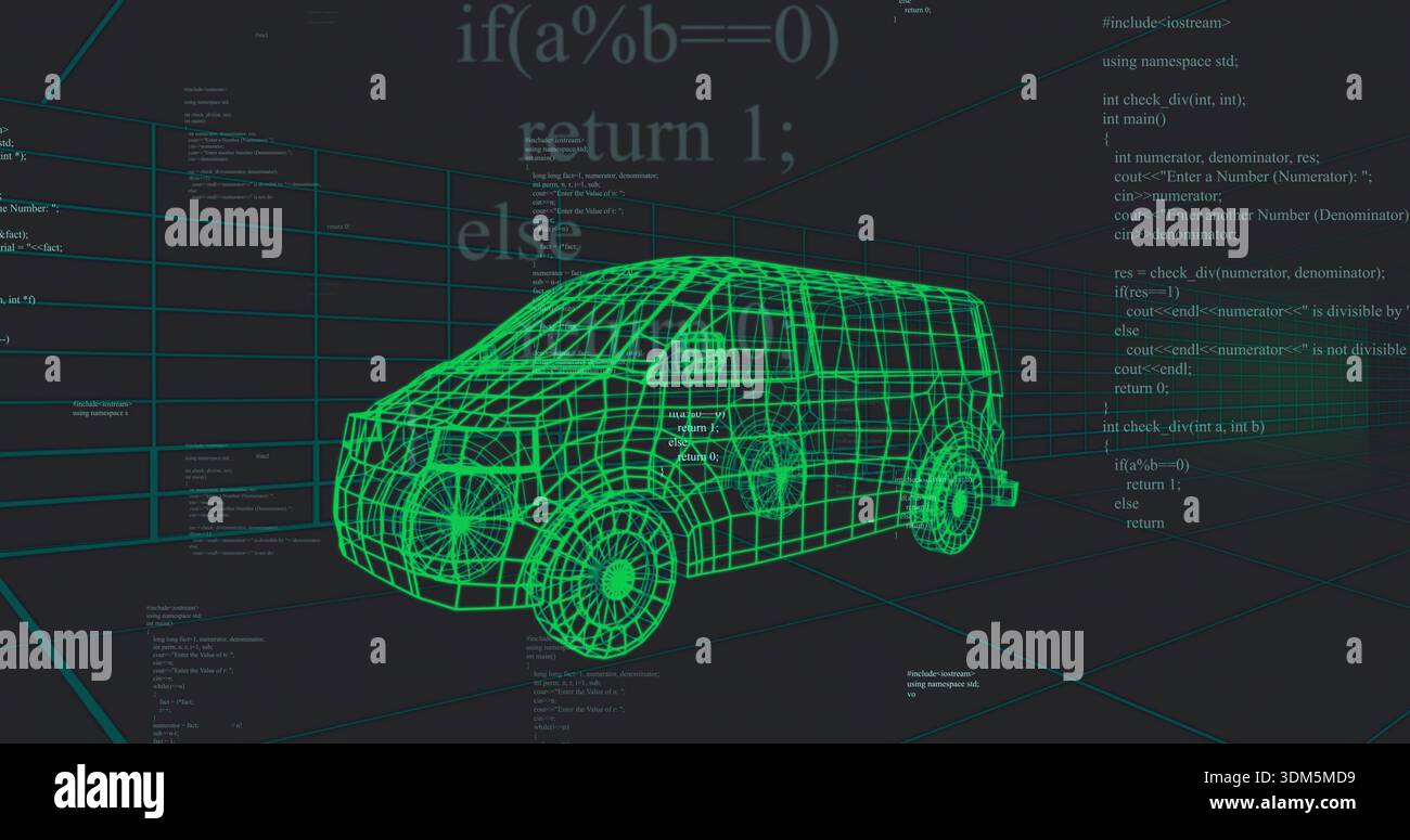 Displaying neon-green wireframe van rotating in CAD workspace, with grid, wheels and code Stock Photo