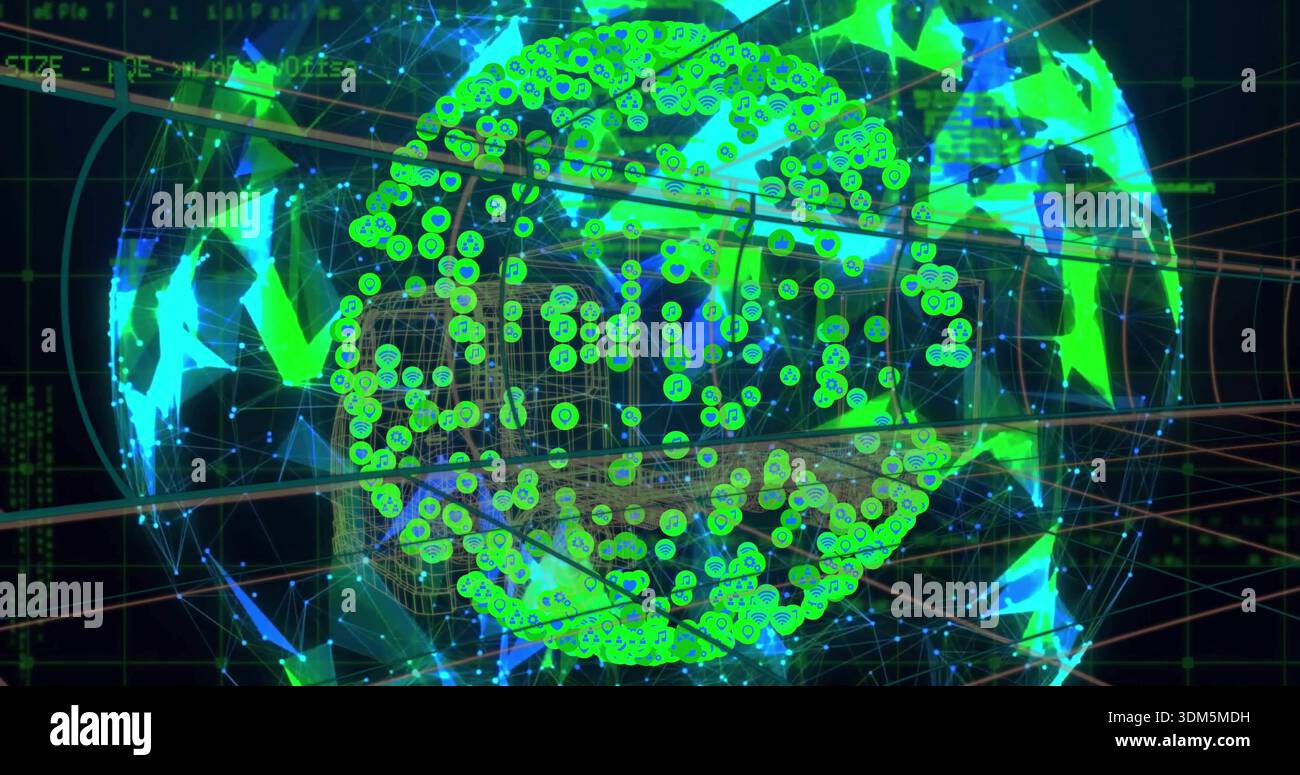 Rotating wireframe globe projecting neon green nodes, blue lines, red grids, code on dark dashboard Stock Photo