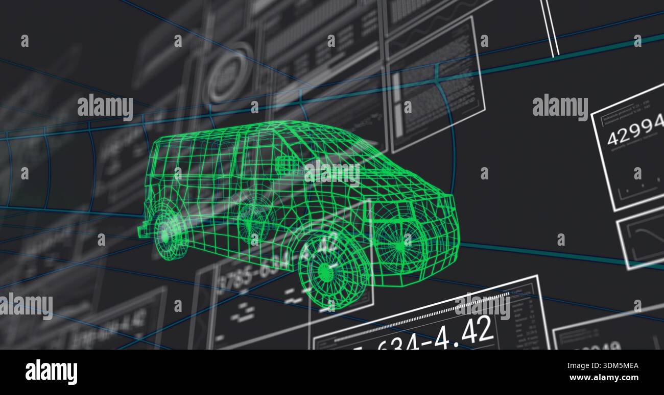 Rendering neon-green wireframe cargo van model rotating in virtual 3D UI, showing data panels Stock Photo