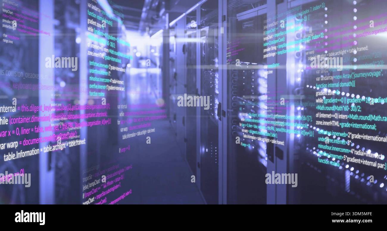 Displaying glass-fronted server cabinets with blinking LEDs in data center aisle, with code overlay Stock Photo