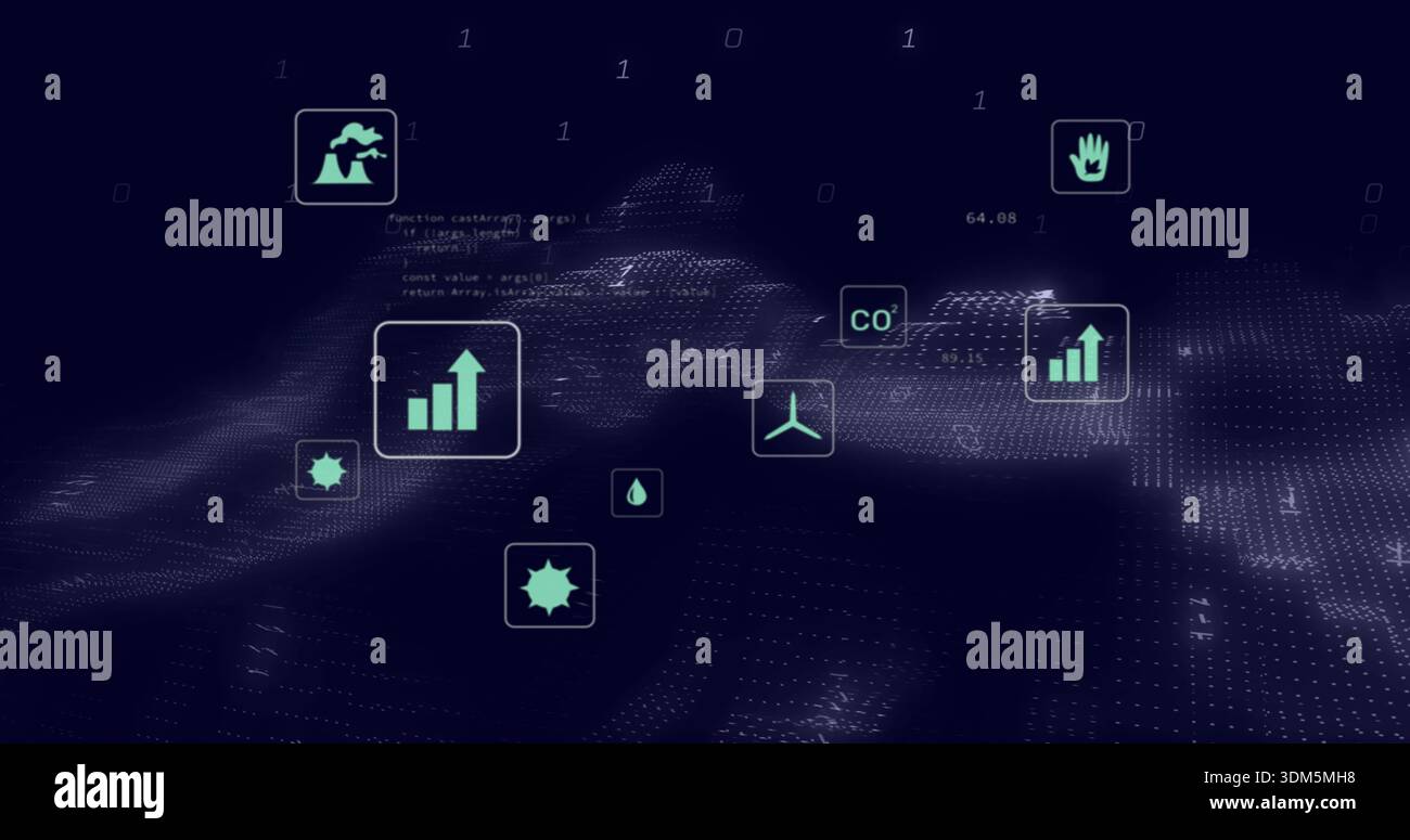 Floating teal icons forming dotted mesh in navy virtual data landscape ...