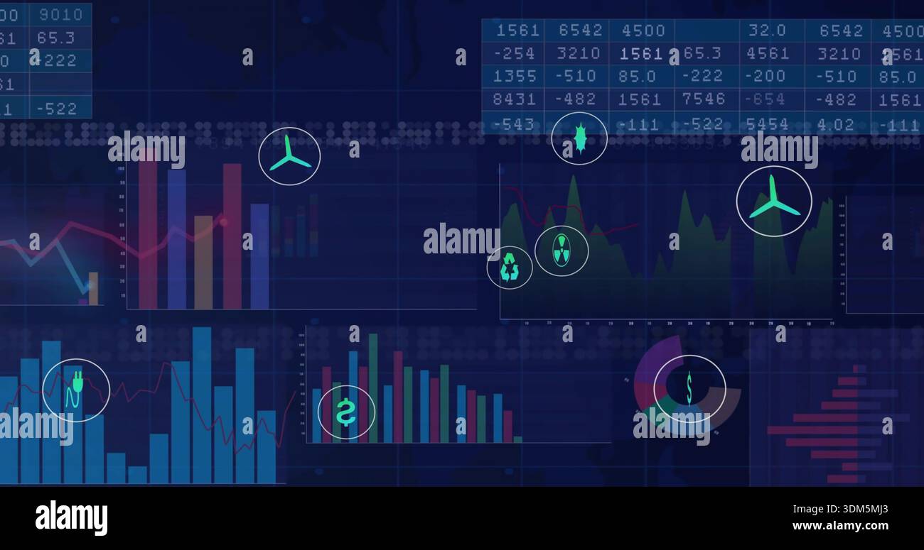 Displaying dark-blue analytics on screen showing bars, lines, donut chart, data grid, icon overlays Stock Photo