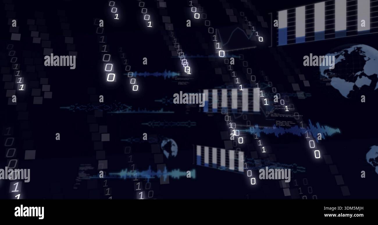 Streaming abstract data stream centered in virtual control UI, with binary digits and waveforms Stock Photo