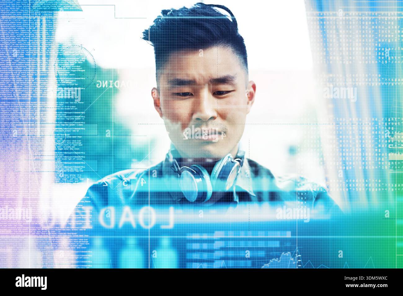 Home, coding and man with computer engineering, hologram and info for web development. Programmer, coder or Asian person with pc, cyber security Stock Photo