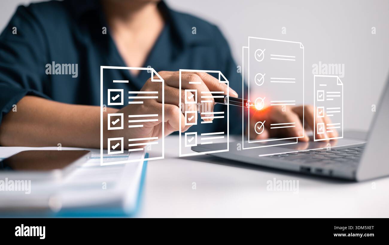 Document management in business involves securing information and files in cyberspace using advanced office technology. document, management, involves Stock Photo