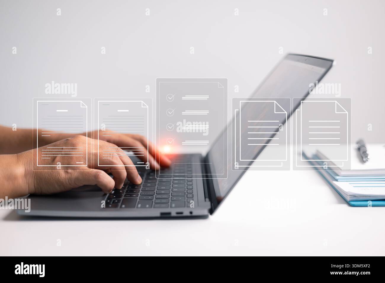 Document management in business involves securing information and files in cyberspace using advanced office technology. document, management, involves Stock Photo