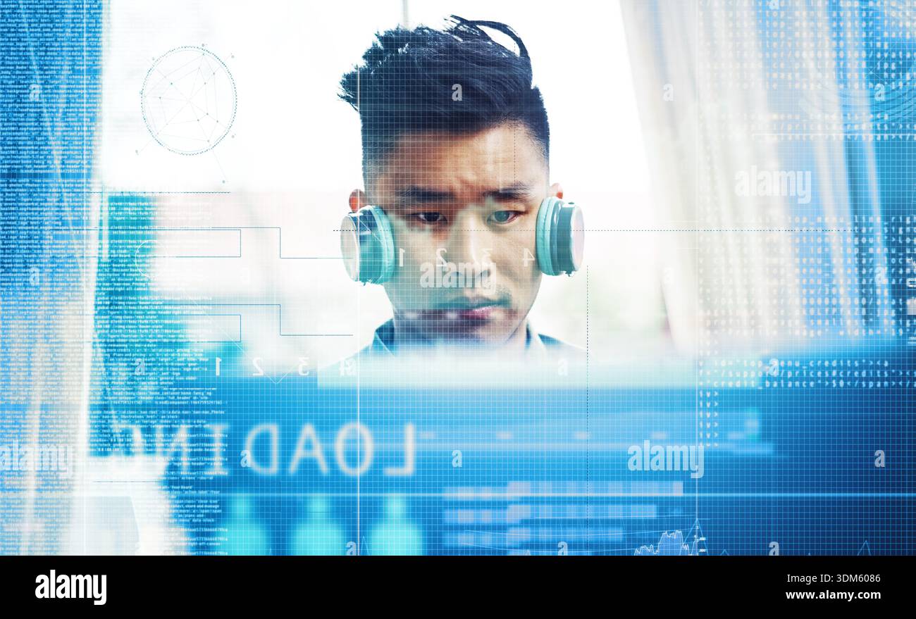 Coding, headphones and hologram with programmer man in office for mainframe development. Computer language, digital overlay and infrastructure with Stock Photo