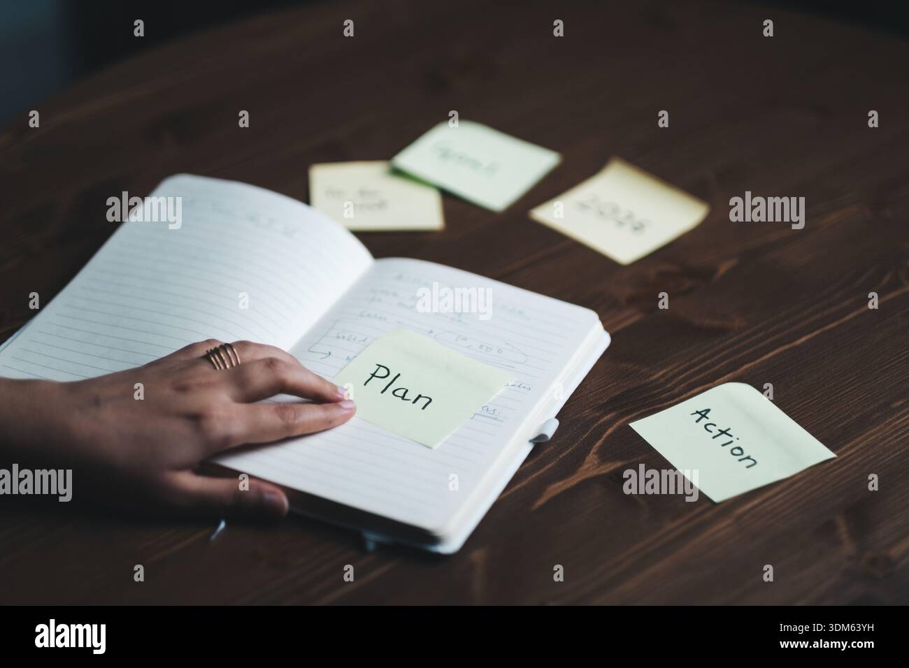 Close up of woman hand with sticky note planning concept Stock Photo