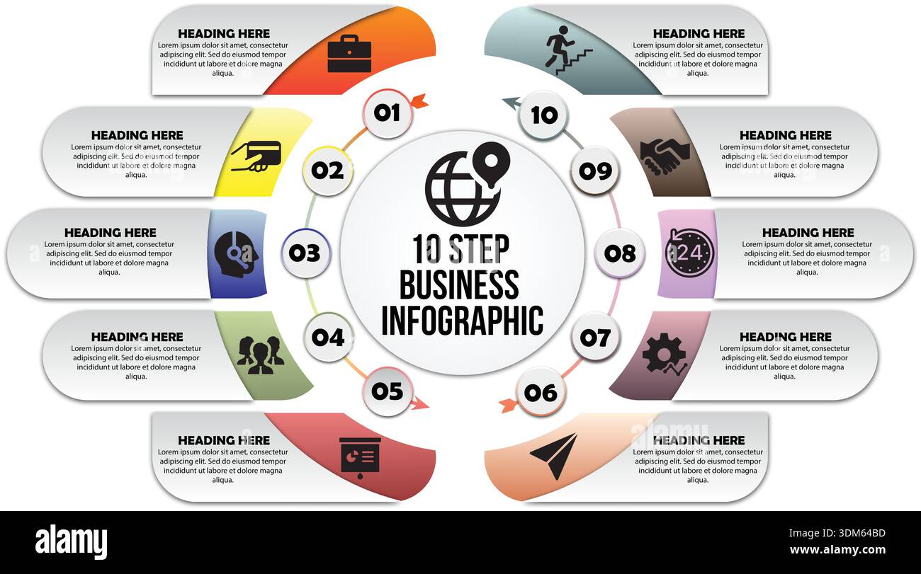 10 Step Business Infographic Template for Process Visualization Stock Vector