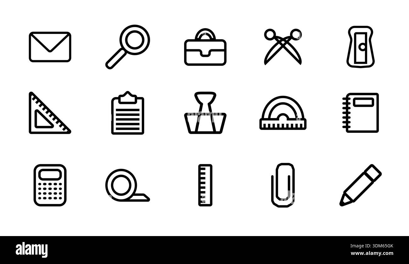 Office tools icon set, simple black outline. Pencil sharpener and protractor, ruler and notebook. Stock Vector