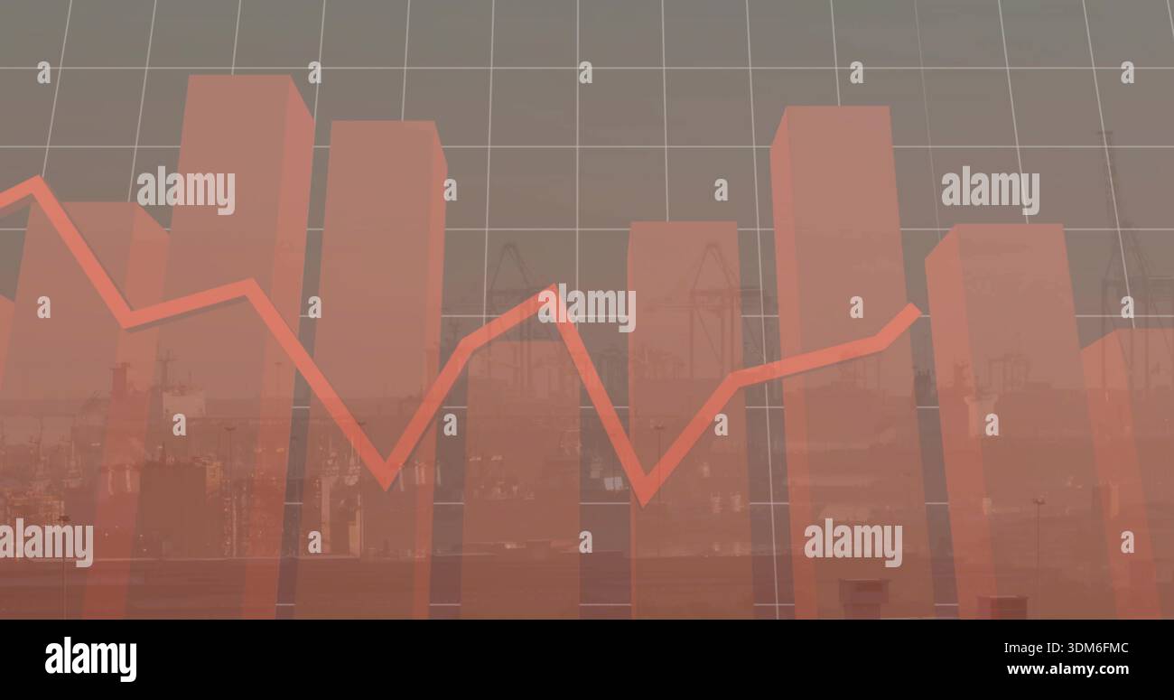 Displaying translucent orange-red bar chart with zigzag trend line over ...