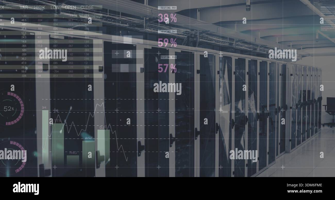 Showing server racks streaming HUD analytics in data center corridor, with LED status lights Stock Photo