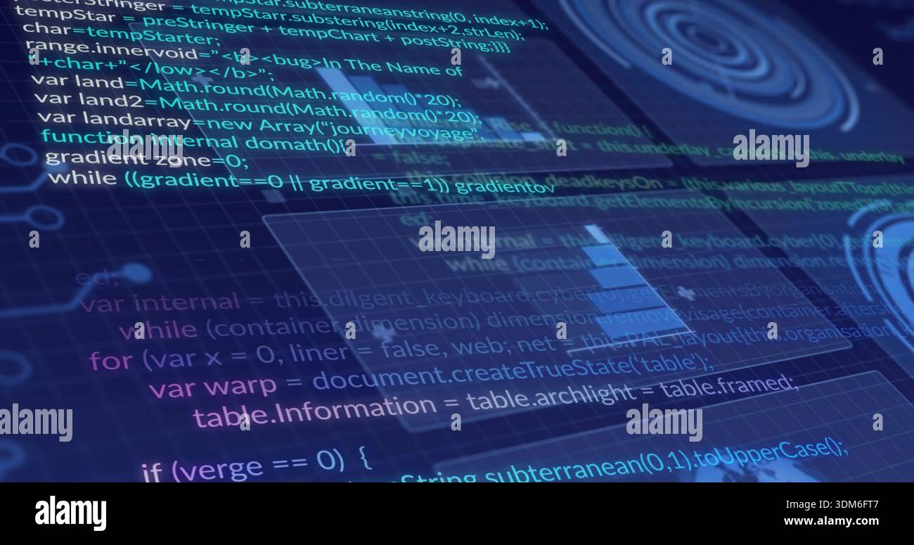 Displaying stylized code lying over deep blue grid on computer display, showing bar chart, nodes Stock Photo