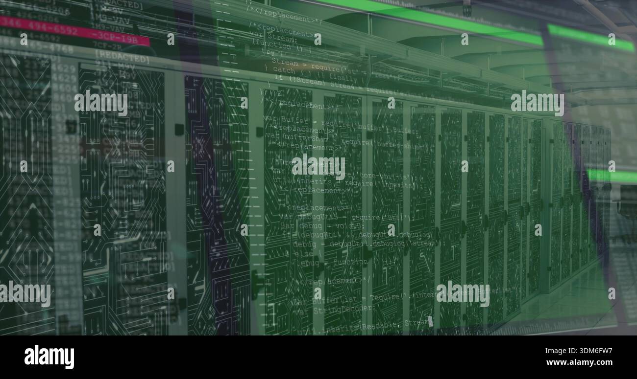 Displaying row of server racks lining data center aisle, with LED indicators and code overlay Stock Photo