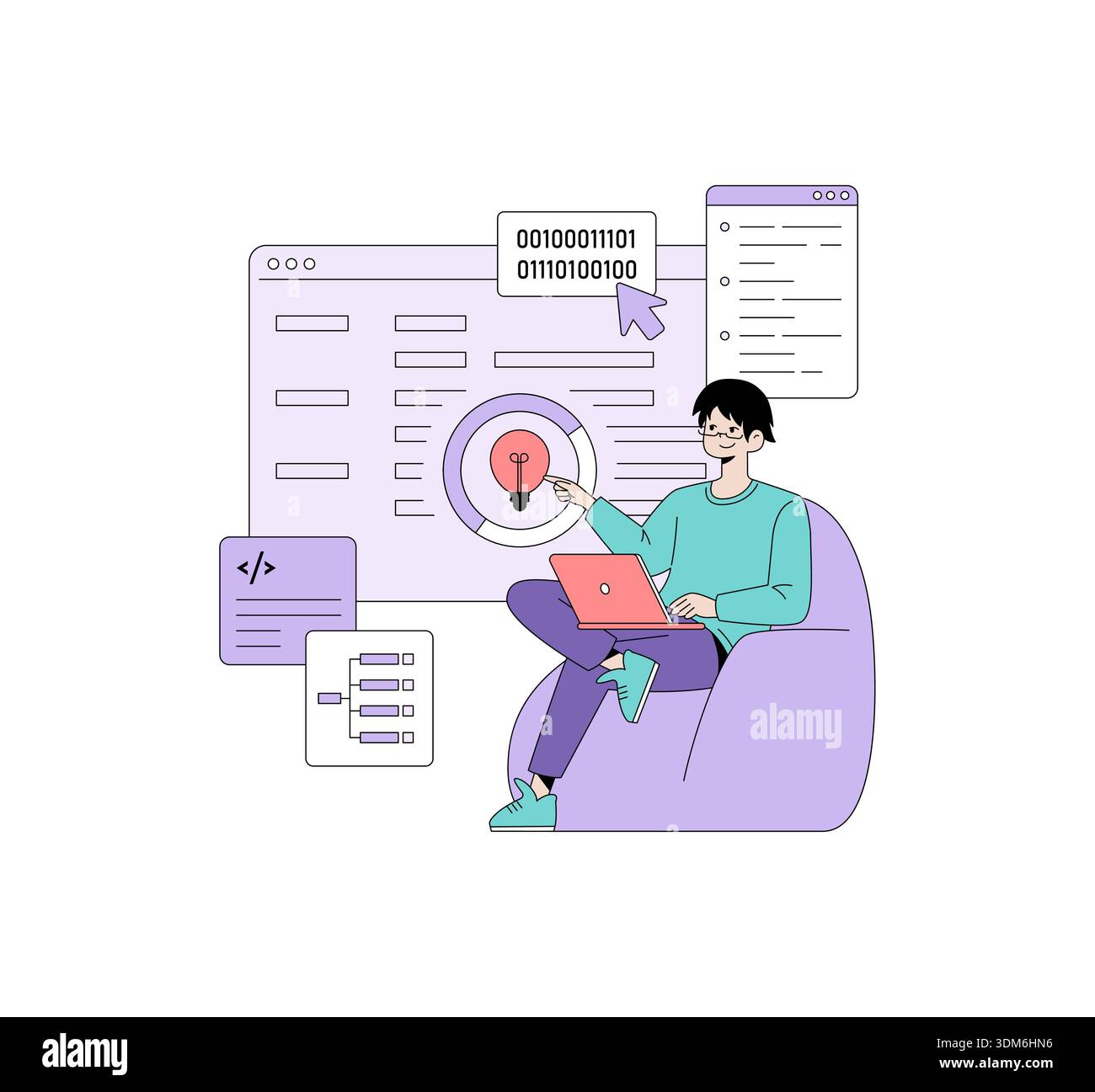 Vector illustration of a young programmer sitting on a bean bag, analyzing code on a laptop. The person is interacting with digital elements, suggesting creativity and focus. Stock Vector