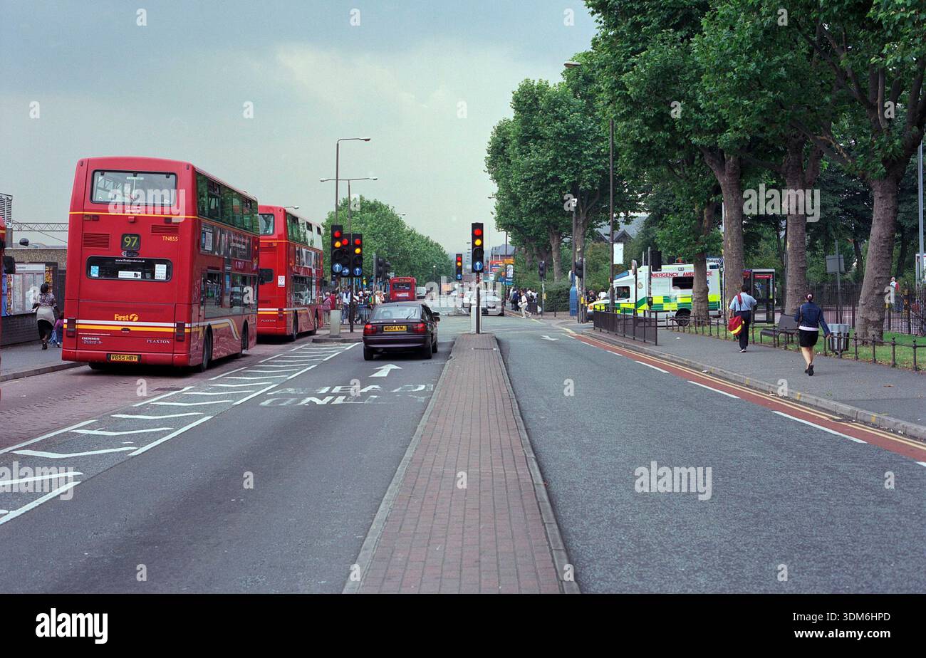 London In 2002 London Buses at Walthamstow, north London, south east England, UK, in ...