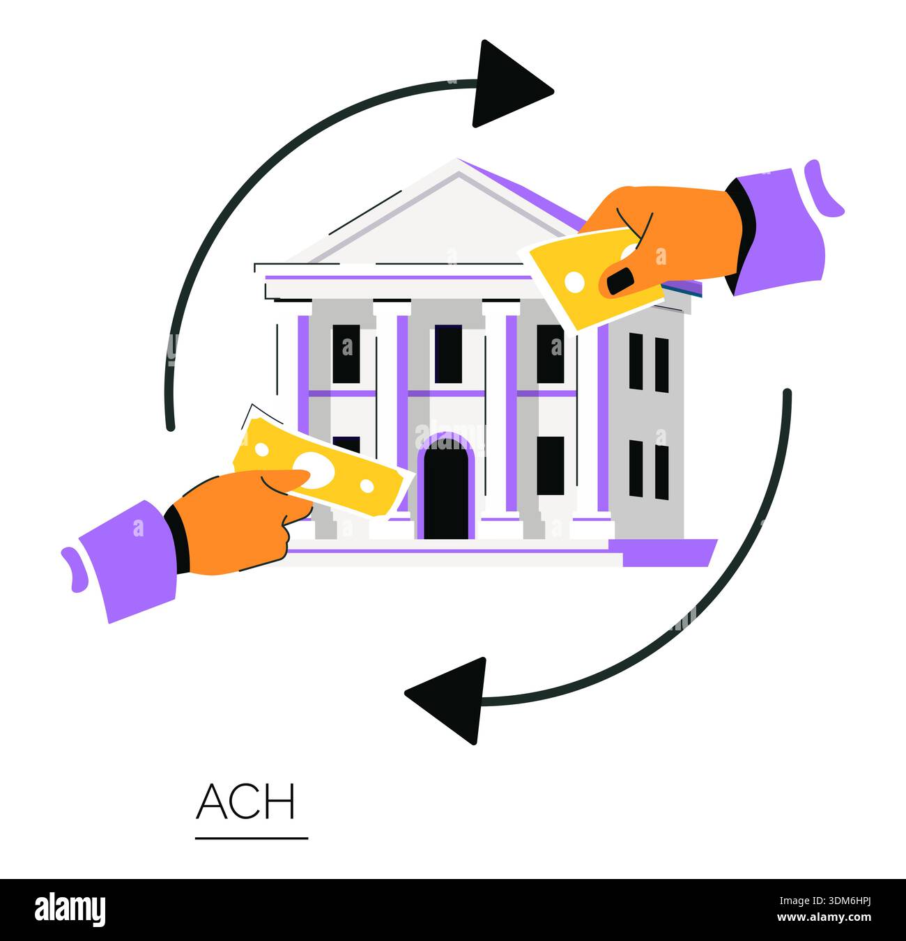 Vector illustration showing the ACH transaction process with hands ...