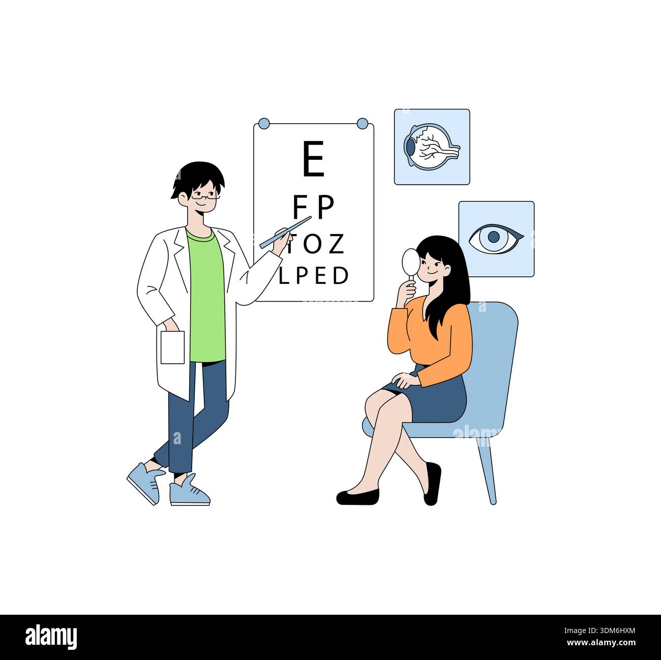 Vector illustration of an optometrist conducting an eye exam. A ...