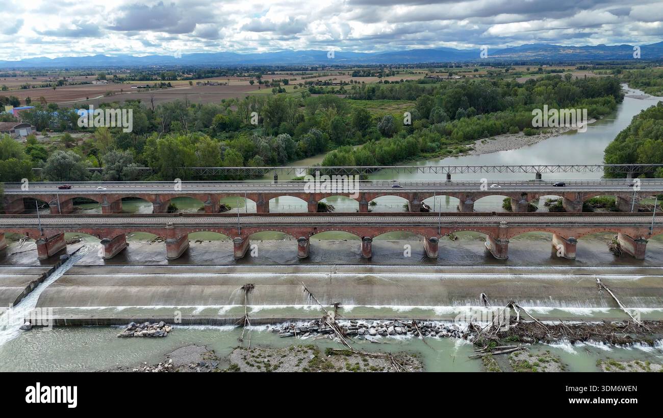 Multiple Brdiges An aerial view shows multiple bridges spanning the Trebbia River ...