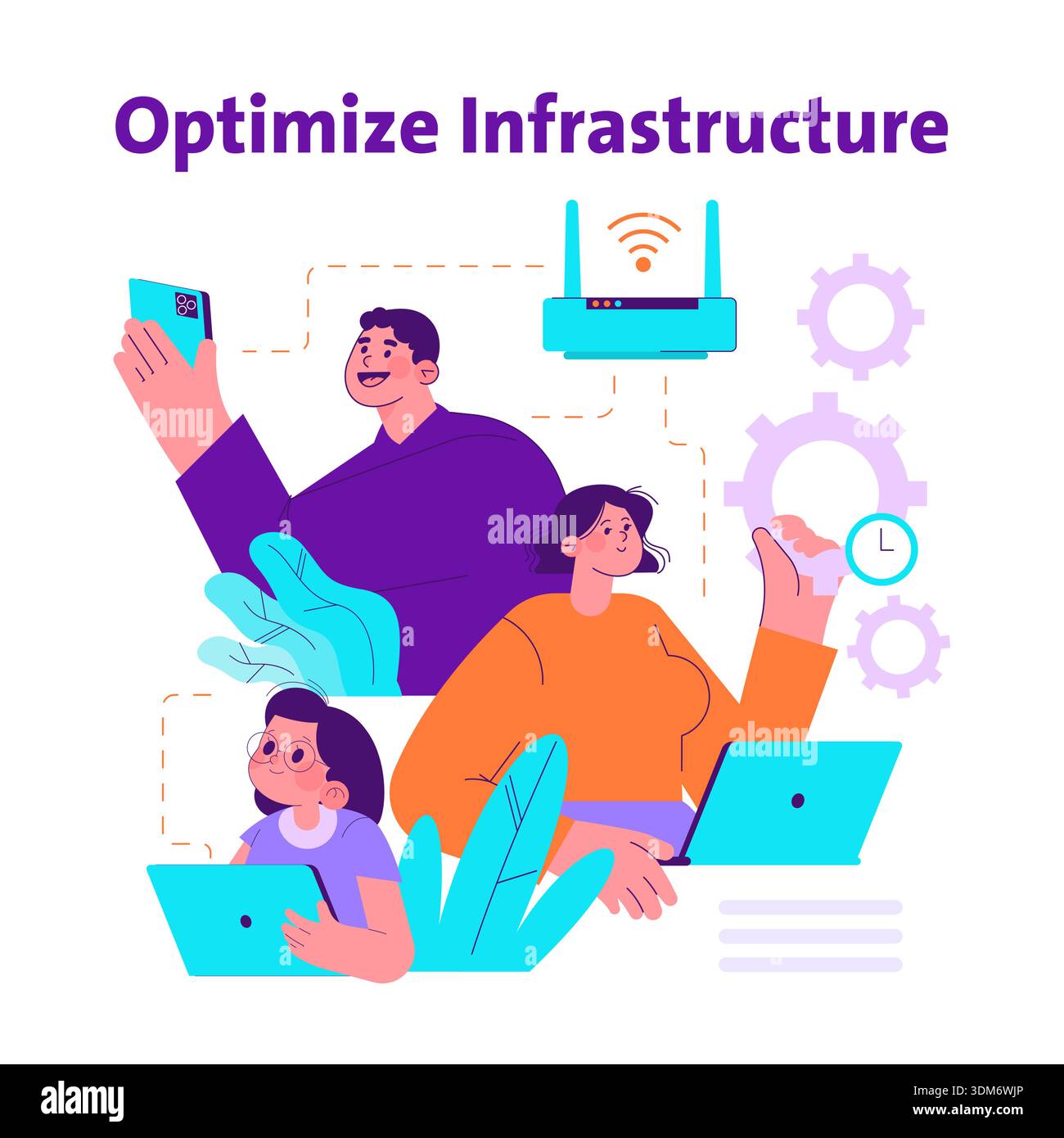 Vector illustration showing a group using technology to optimize ...
