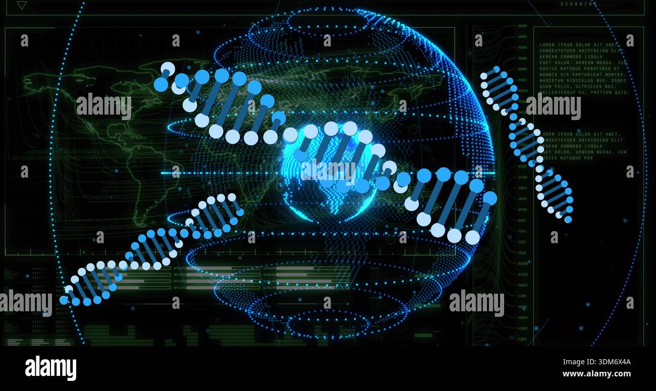 Displaying DNA double helix wrapping around dotted globe in virtual dashboard, with charts and code Stock Photo