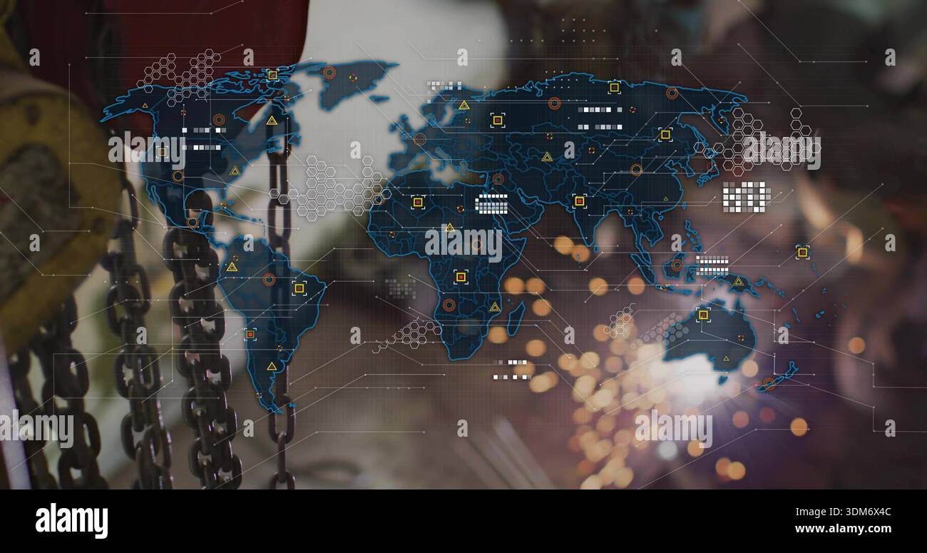 Displaying translucent world map overlay in workshop, with hanging chains, strap and sparks Stock Photo