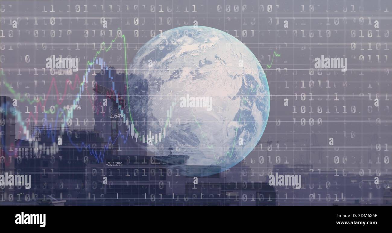 Displaying translucent Earth globe revealing financial charts over city skyline, with binary code Stock Photo