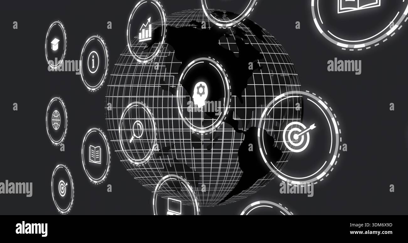 Displaying central wireframe globe rotating in virtual HUD interface, with floating icons Stock Photo