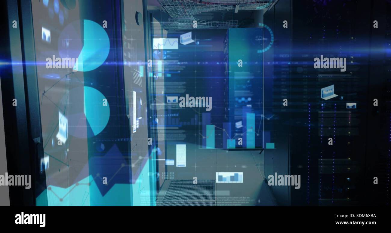 Displaying server rack projecting floating data graphs in data center ...