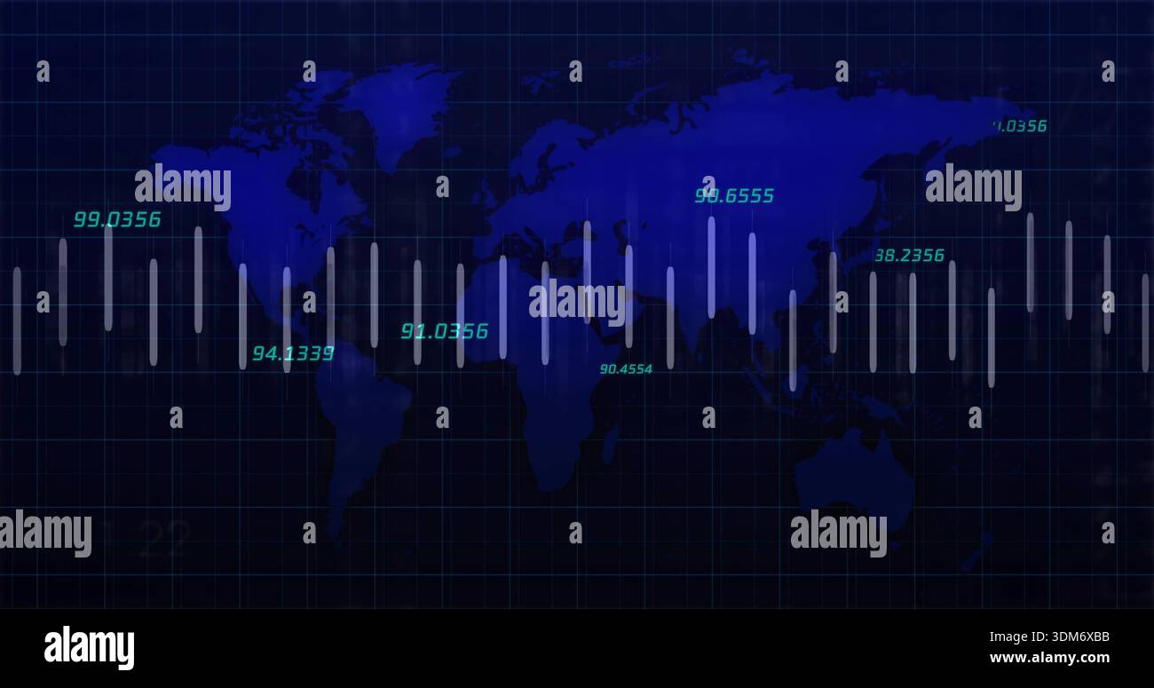 Displaying stylized global map showing translucent data bars on data dashboard, turquoise labels Stock Photo