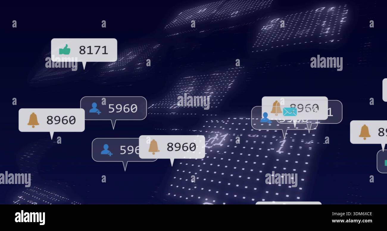 Floating notification callouts hovering above navy LED grid, with likes bell user mail counts Stock Photo