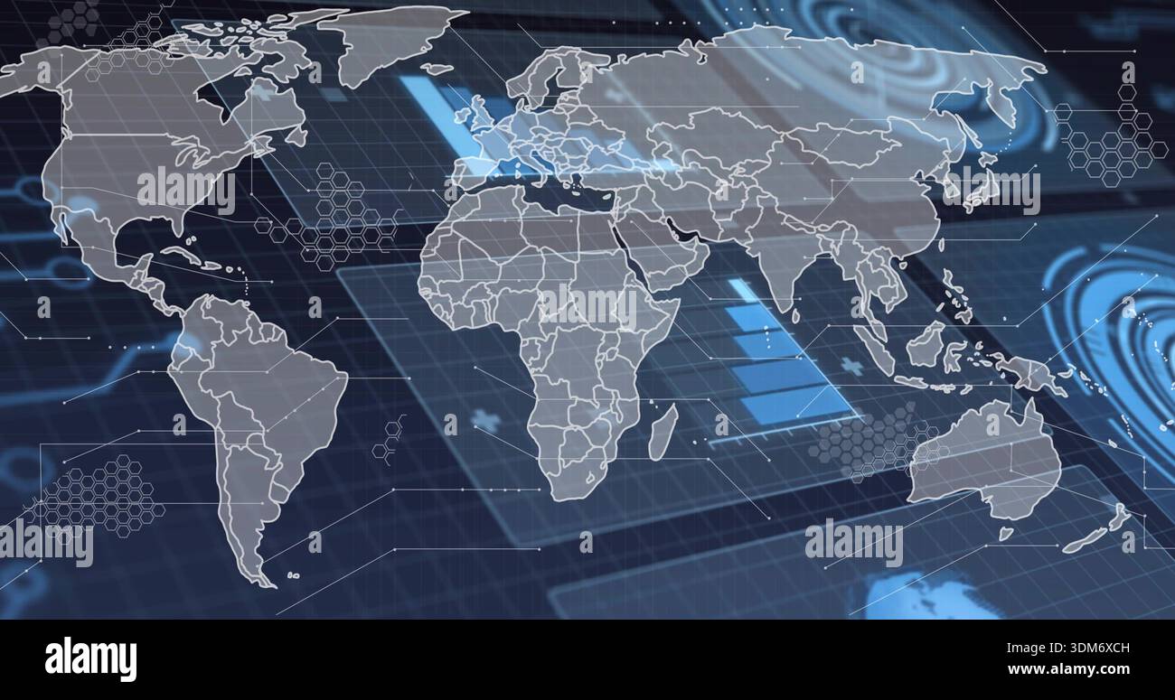 Displaying stylized world map showing continent borders on interface, with hex clusters and grid Stock Photo