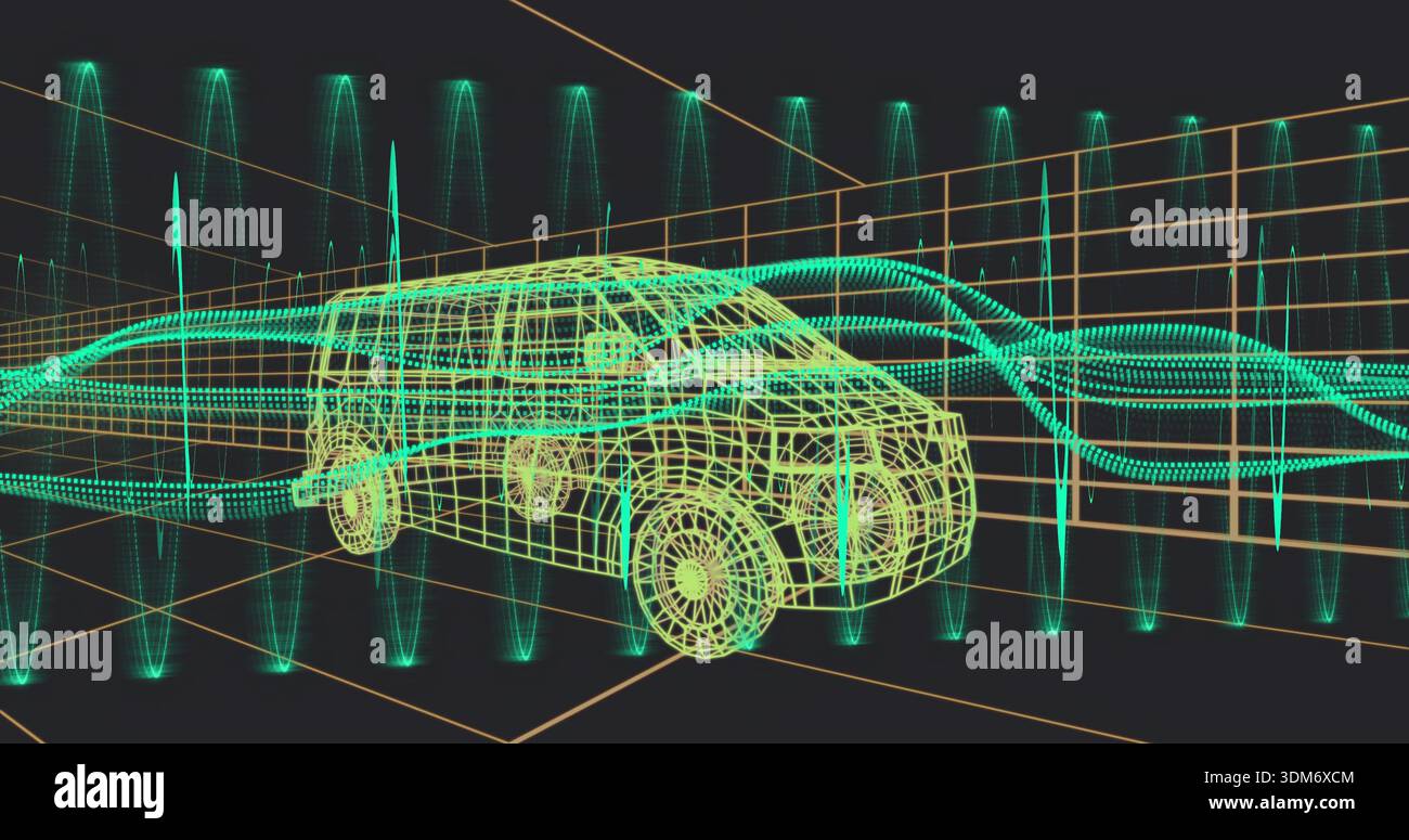 Rendering neon wireframe SUV floating in simulation space, showing teal flows and orange grid Stock Photo