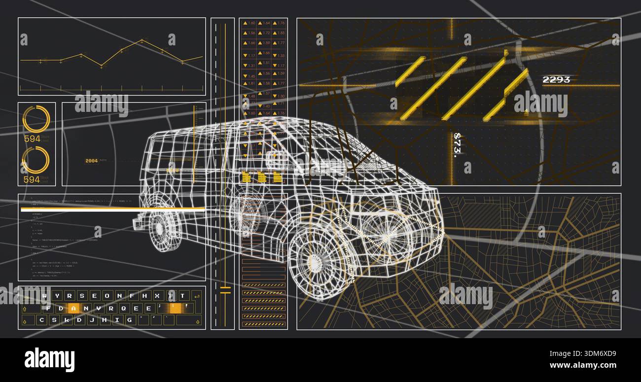 Displaying wireframe 3D van model rotating in telemetry dashboard, with line chart and gauges Stock Photo