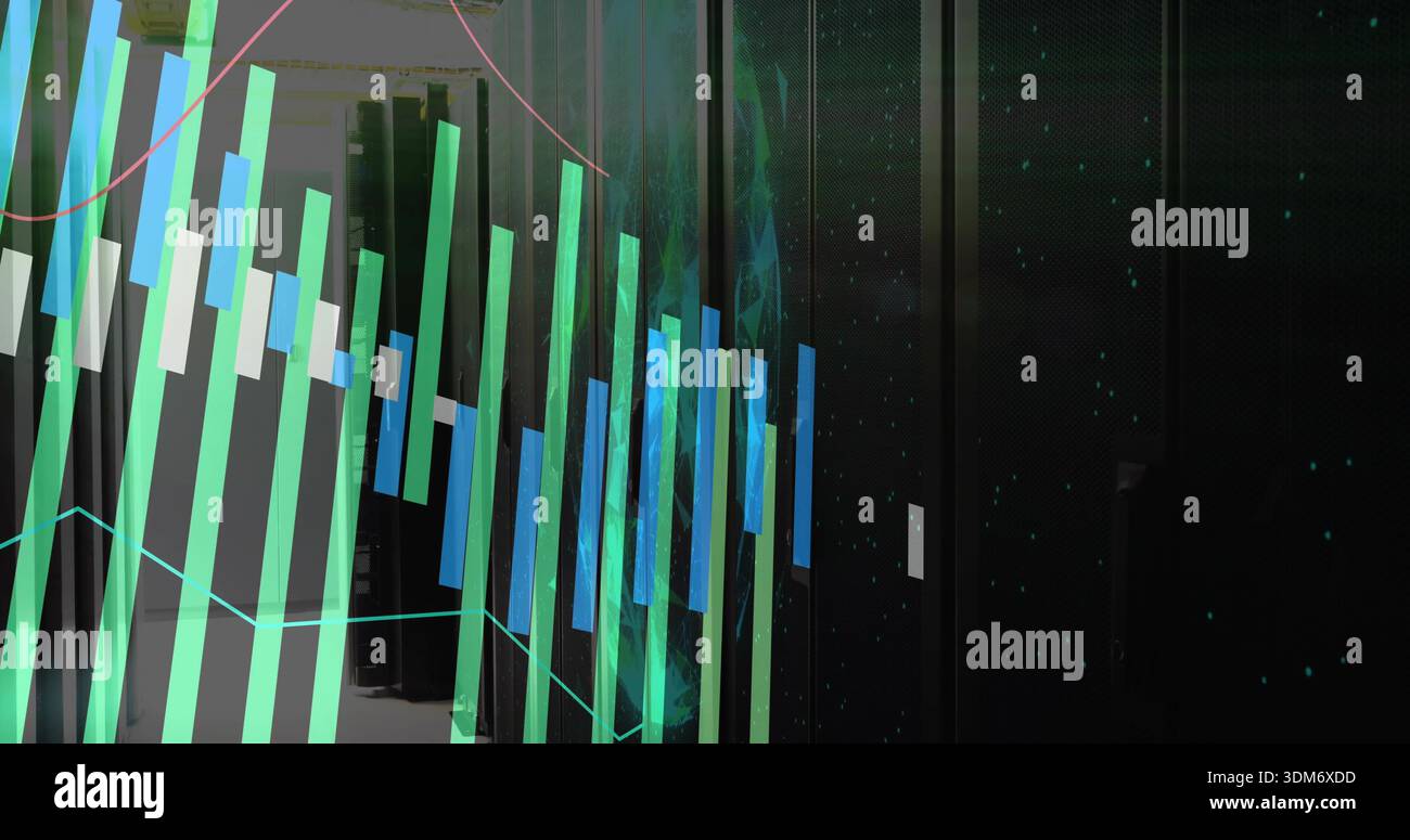 Displaying translucent bar chart and line graphs across left data center aisle with server cabinets Stock Photo
