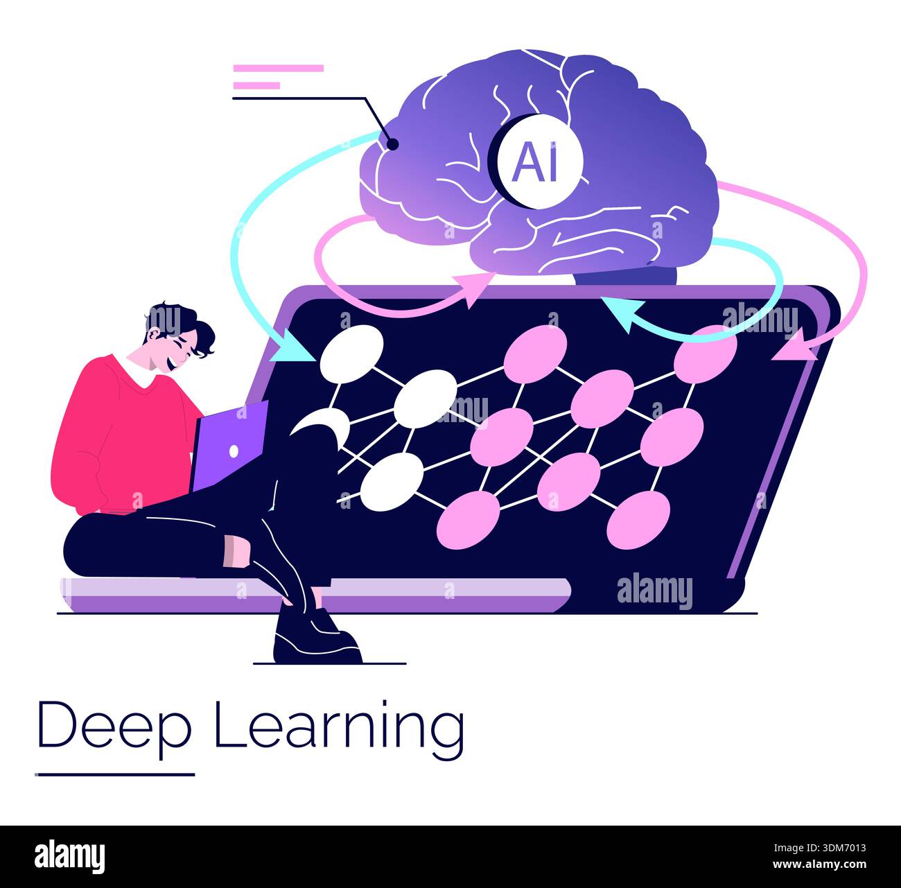 Vector illustration featuring a person using a laptop, engaging with a ...