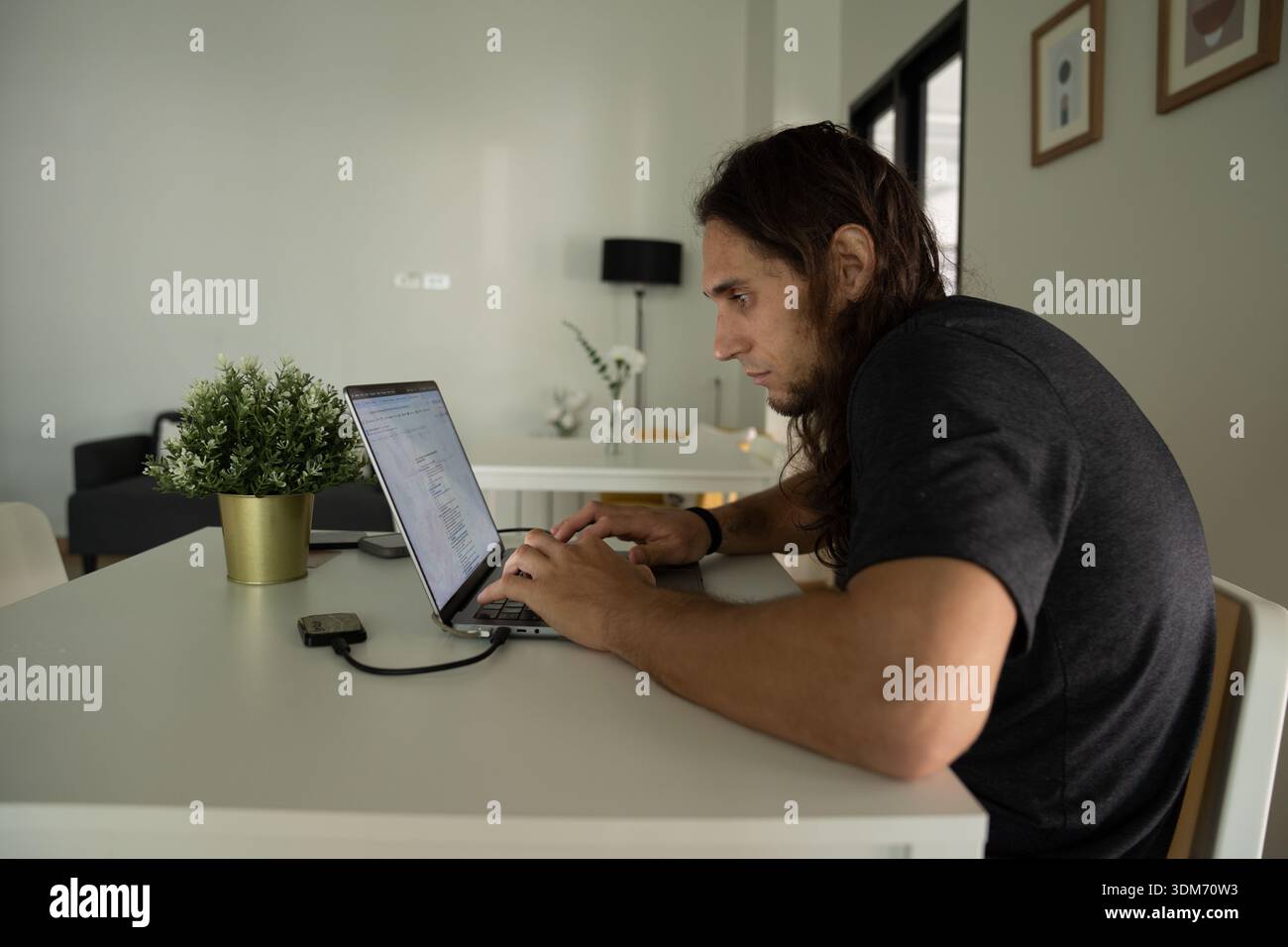 Young man typing on laptop, working from home Stock Photo