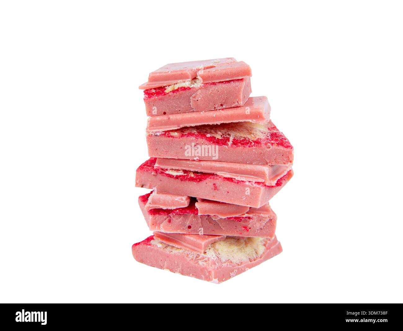 Strawberry angel hair chocolate pieces stacked into a tower, studio shot, isolated on a white background. Stock Photo