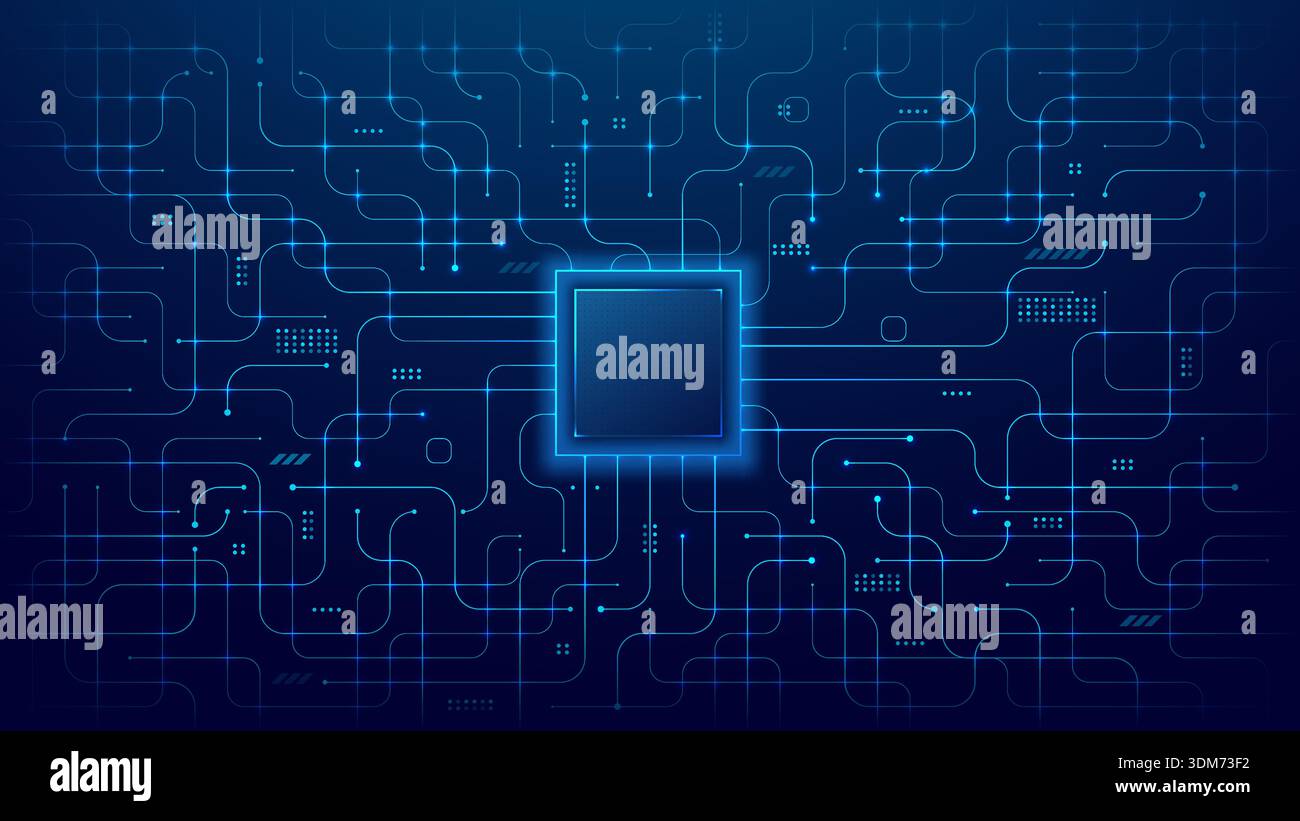 Empty semiconductor on circuit board blue background. Stock Vector