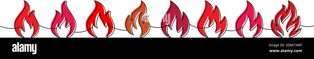 Continuous line fire border. Minimalist flame outline vector seamless pattern for frames, dividers, and decorative design projects. Stock Vector