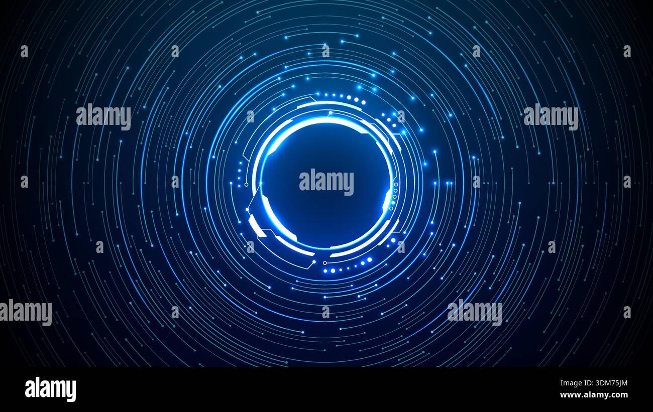 Bright neon circular HUD element on circuit board background Stock Vector