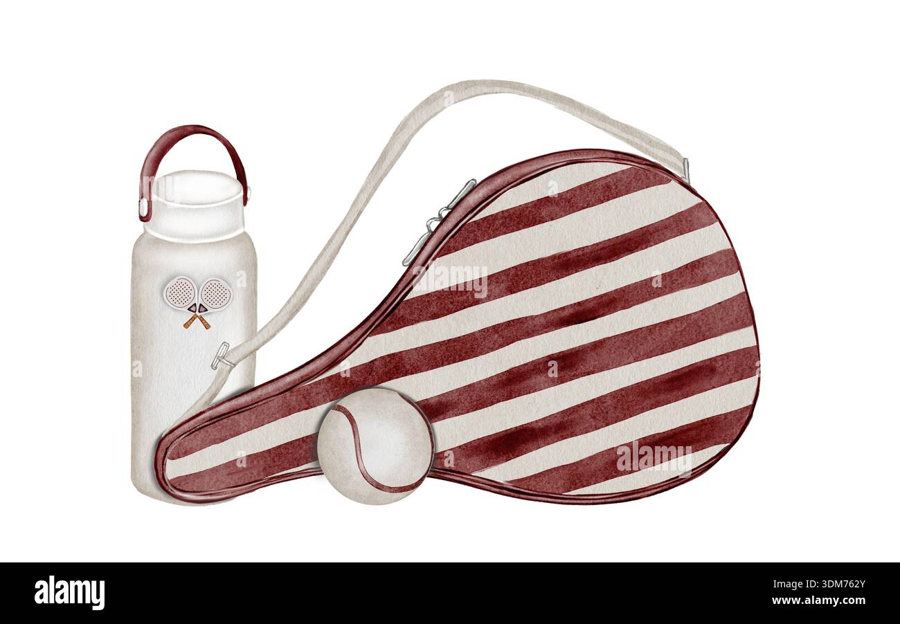 Paddle tennis bag, bottle and ball watercolor illustration. Clip art of ...